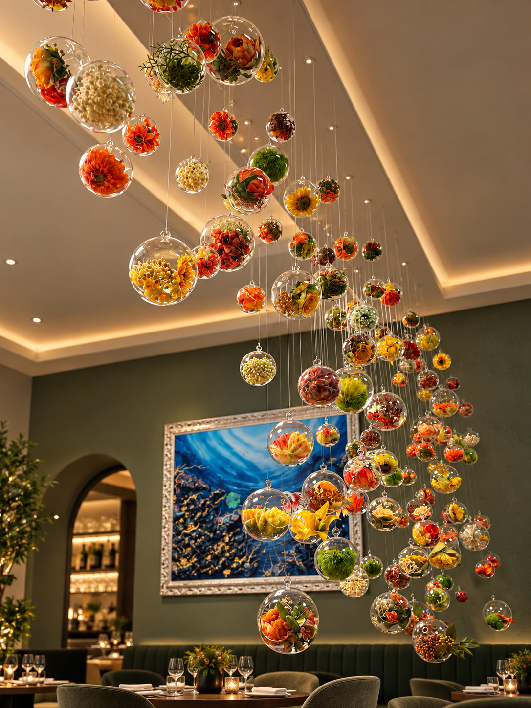 Installazione floreale sospesa nella sala del ristorante