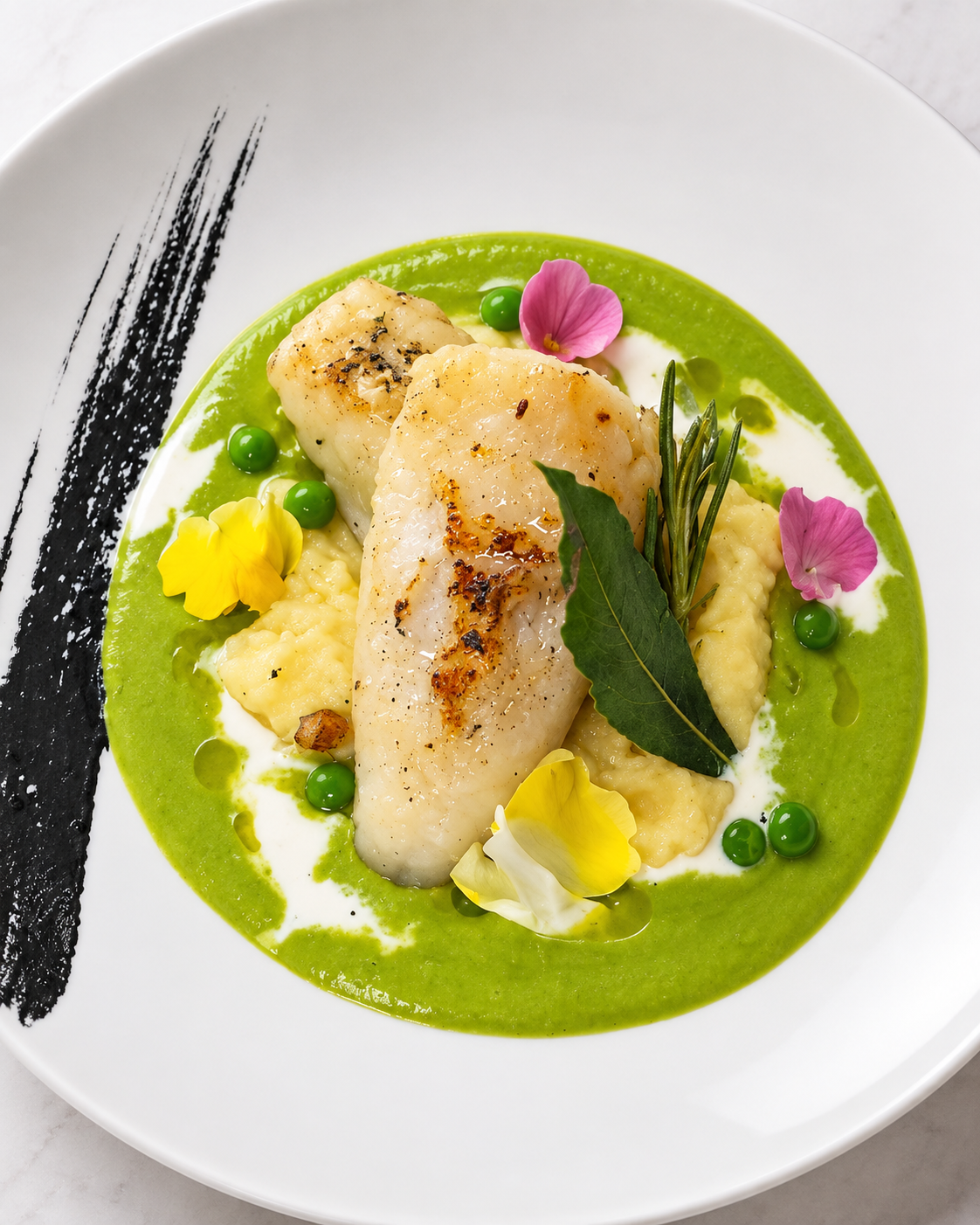 Filetto di pesce su crema verde con fiori eduli