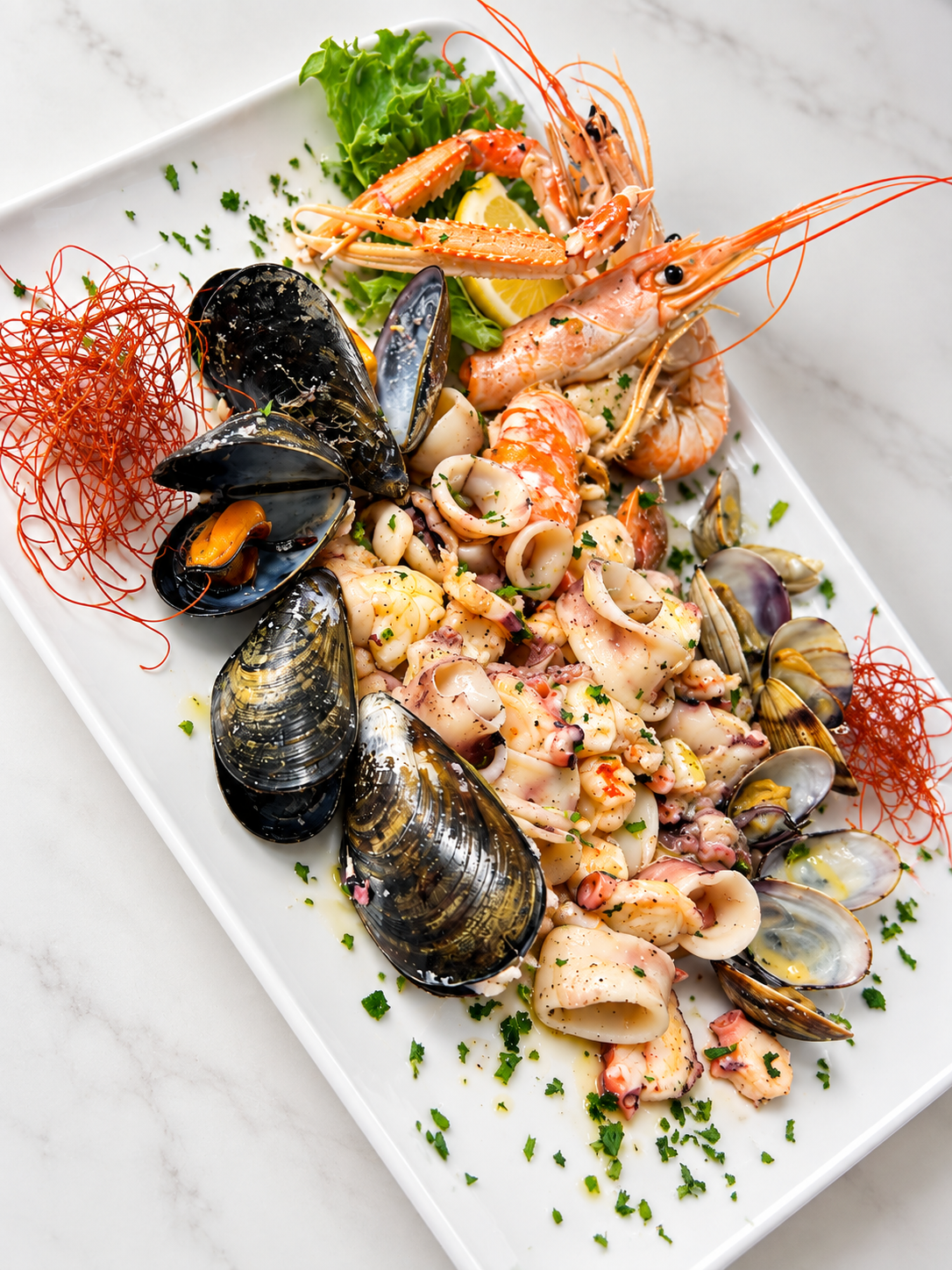 Insalata di mare con crostacei, molluschi e prezzemolo