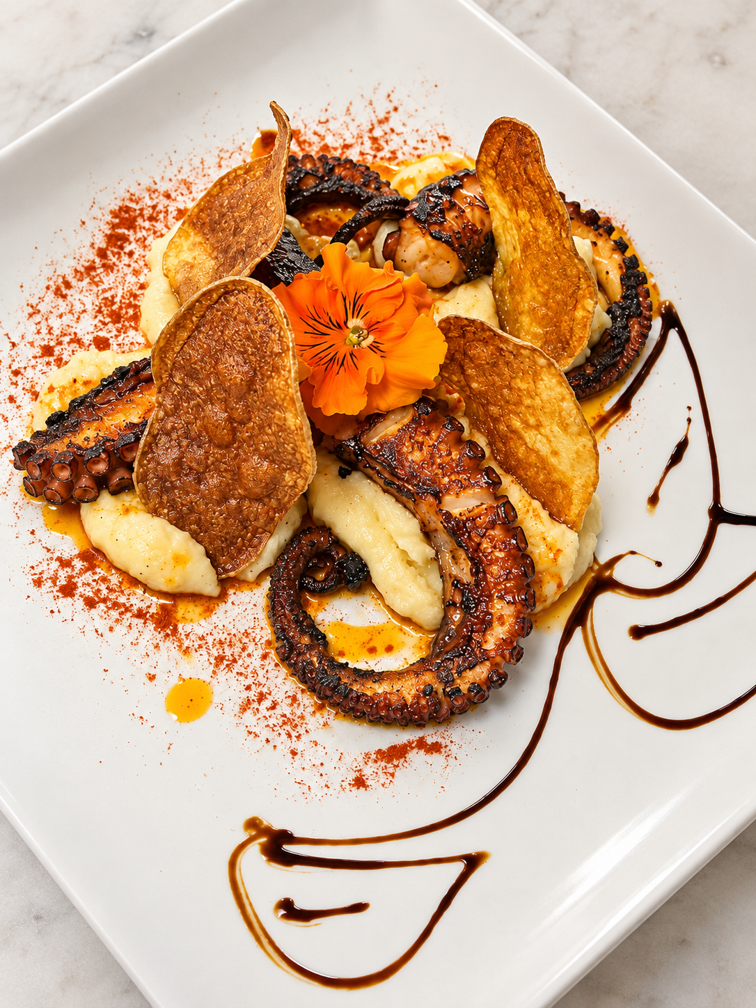 Polpo arrostito con crema di patate e chips croccanti