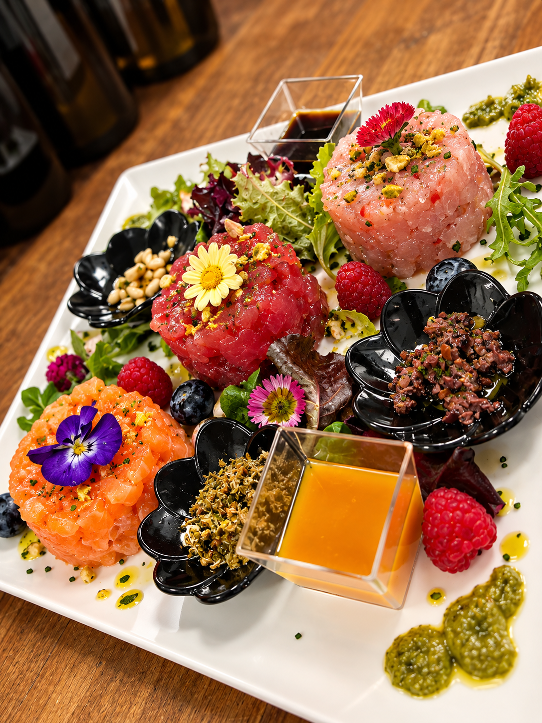 Tris di tartare di pesce con frutti rossi e salse