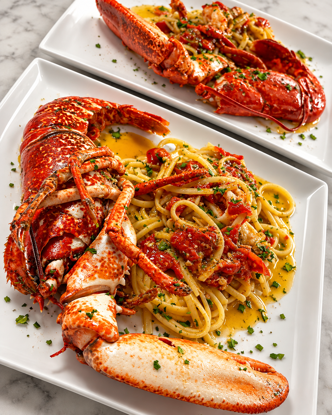 Pasta all'aragosta servita su piatti eleganti