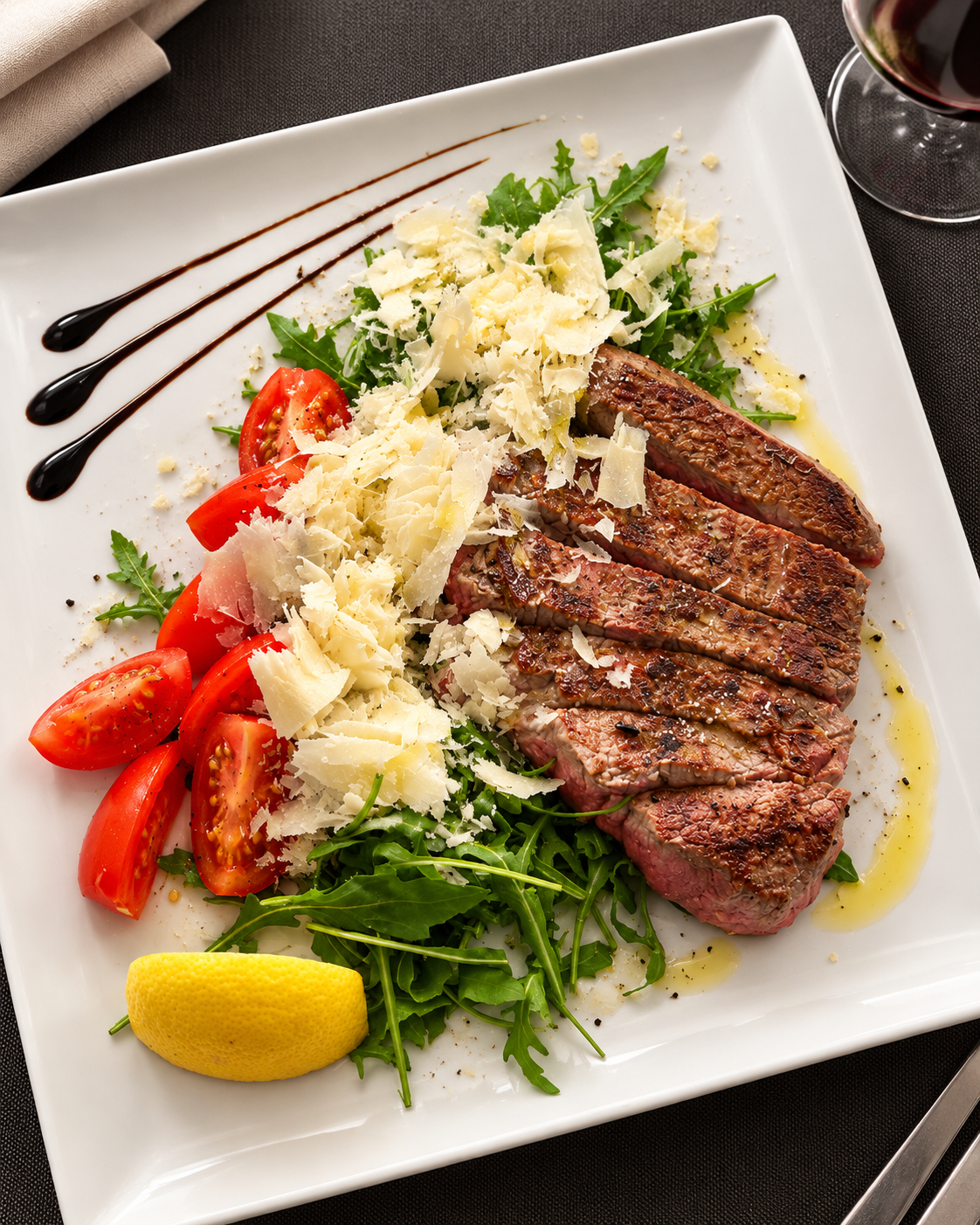 Tagliata di manzo con rucola, pomodoro e grana